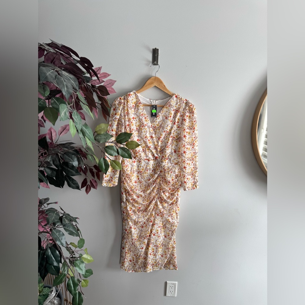Express Cream Floral Long Sleeve Ruched Dress